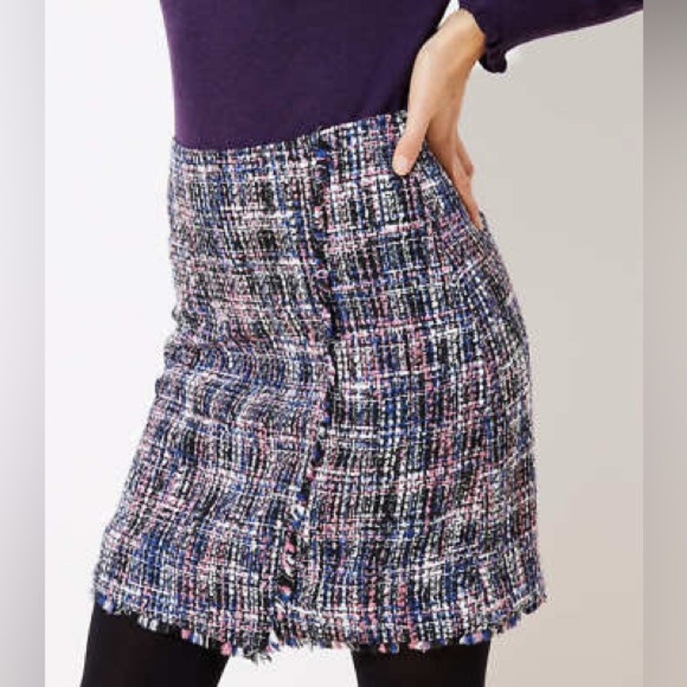 LOFT Tweed Faux-Wrap Tweed Mini Skirt Black White Blue‎ Pink Marled Size 18